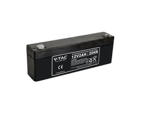 V-TAC Pro 2,0Ah blybatteri i sort ABS-materiale med mærkat, der viser CE-mærke og advarsler.