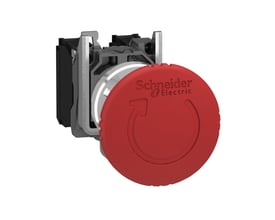 Schneider Electric nødstop med rød Ø40 mm trykplade og ATEX-godkendelse, vist med monteringskrop og kontaktelementer.