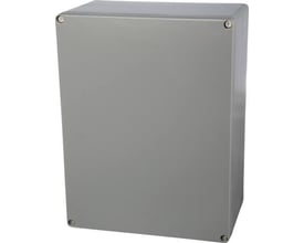 Fibox ALU monteringskasse i aluminium grå, 310x403x180mm, med fire synlige skruer ved hjørnerne.