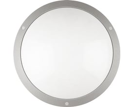 Rund, grå Hide-a-lite Moon PUB. plafond med stor opal afskærmning og tre synlige skruehuller i kanten.