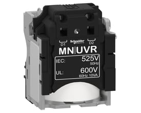 Schneider Electric spole MN 525-600VAC til NSX100-630 med tydeligt mærkat der viser tekniske specifikationer.