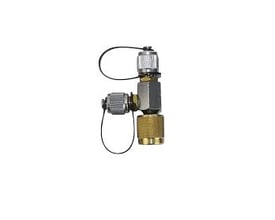 T-stykke til digital trådløs manometer, fremstillet af metal med messingkobling og sikret med sorte snore.