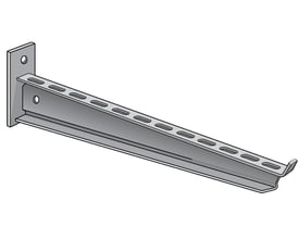 Teknisk illustration af Lauritz Knudsen Konsol 50i-400 FZV, der viser dens dimensioner og monteringshuller i stål.