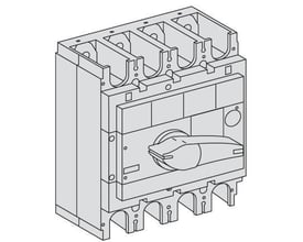 Tegning af Schneider Electric Interpact INS320, 3-polet lastafbryder, viser 3-fase konfiguration og betjeningsgreb.