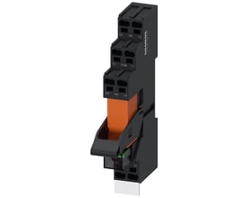 Siemens stikbensrelæ RT4D4S15 med 2 CO kontakter, 115V, LED-modul og push-in klemmer. Relæet har mærkning med '22 NC 12', '21 COM 11' og '24 NO 14'.