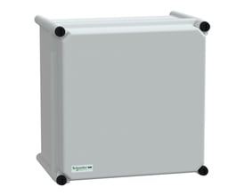 Schneider Electric kapsling 7035 MOD. 270x270x180mm i RAL 7035 grå PC plast med synligt Schneider Electric logo.