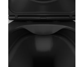 Nærbillede af den sorte AM.PM Func væghængte toiletkumme, viser den glatte overflade uden skyllekant.