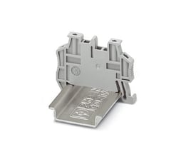 Grå Phoenix Contact Clipfix 35-5 endeholder med metalmonteringsbeslag, vist på hvid baggrund for industriel anvendelse.