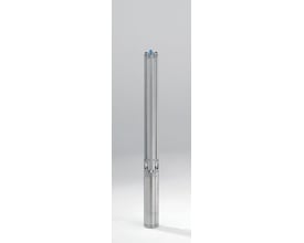 Grundfos dykpumpe SP 2A-9 i rustfrit stål, vist lodret på en lys grå baggrund.