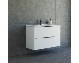 Dansani Mido+ Classic møbelsæt 101 cm, hvid mat med Amber vask, installeret på en moderne badeværelsesvæg.