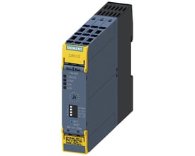 Siemens SIRIUS sikkerhedsrelæ 3SK1121-2CB4 med 2NO øjeblikkelige og 2NO forsinkede udgange, fremviser push-in terminaler og reset knap.