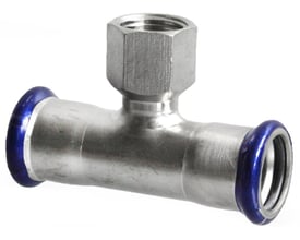 Unico T-stykke i rustfrit stål med 42mm pressmuffer og 1 1/2" indvendigt gevind på afgreningen.