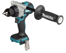 Makita 18V kulfri bore-/skruemaskine med kulfri motor og 130 Nm maksimalt moment, vist med ekstra håndtag.