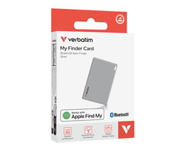 Forpakning af Verbatim My Finder Card Bluetooth Item Finder i sølv med produktinformation og ikon for Apple Find My.