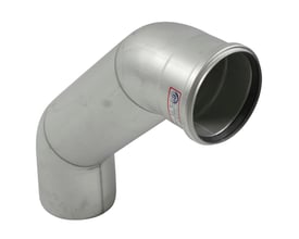 Blücher lang bøjning på 87,5 grader og 125 mm diameter i rustfrit stål, med synlig produktmærkning.