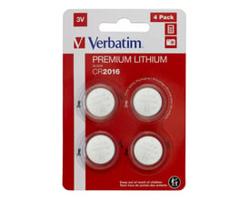 Verbatim CR2016 3V lithium knapcellebatterier i 4-pak, vist i blisterpakning med rød baggrund og tydelig produktinformation.