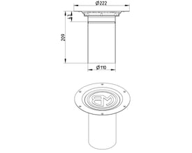 Teknisk tegning af Blücher Circle overdel med dimensioner for cylinder, flange og højde.