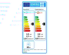 Panasonic energimærke for P-MOZ30IC5-E varmepumpe, viser energiklasser A for køl og varme med 60 dB lydniveau.