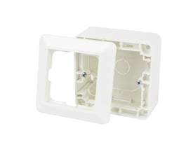 DEVI udvendigt underlag i hvid med frontrammen afmonteret, klar til installation af Devireg termostat.