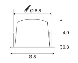 Teknisk tegning af SLV NUMINOS® DL S loftindbygningsspot med dimensioner for indbygningshul og højde.