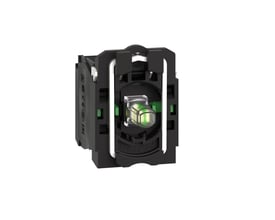 Schneider Electric lampetrykskrop Uni LED 120V, 2NO kontakter, vist fra siden med klar grøn LED og mærkninger.