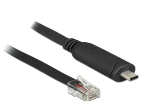 Sort Delock USB 2.0 til RS-232-adapter med USB-C- og RJ45-stik, vist med begge stik på det sorte kabel.