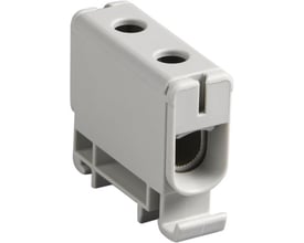 Detaljeret frontbillede af Ensto Klemme KE61 CU2,5-50/AL6-50 i grå plast, der viser kabelindføring og monteringsdetaljer.