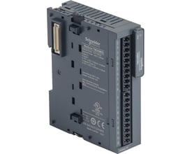 Schneider Electric TM3AM6G analog I/O-modul med 4 indgange og 2 udgange, viser tilslutningsporte og mærkning.