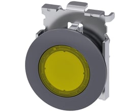 Siemens 30mm rund, mat gul oplyst trykknap med metal frontring til plan installation.