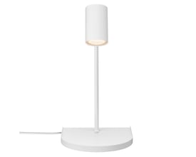 Komplet view af Nordlux Cody væglampe i hvid metal med en rund hylde foran og en cylindrisk lampe.