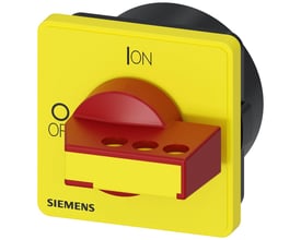 Siemens drej betjeningsmekanisme med rød/gul drejeknap og tydelig 'ON' og 'OF' markering på gul front.