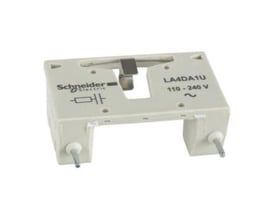 Schneider Electric RC-beskyttelse model LA4DA1U, designet til 110-240V, fremstillet i hvidt plast og beregnet til kontaktorer.