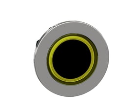 Schneider Electric Harmony XB4/ZB4 flush trykknaphoved med gul, oplyst ring og sort trykflade på hvid baggrund.