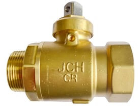 JCH kuglestophane i messing med muffe og nippel, DN 20 og 3/4" rørgevind, vist på hvid baggrund.