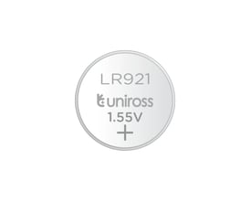 Alkalisk LR736/AG3/LR41-knapcellebatteri vist forfra; cellen er mærket Uniross, LR921 og 1.55V.