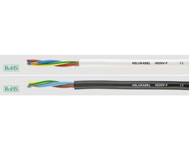 HELUKABEL H03VV-F plastkappeledning i hvid og sort, 2x0,5 mm, vist med interne ledere og RoHS-mærkat.
