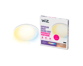 WiZ superslim smart plafond med app-styring, 1250 lm, Ø24 cm, vist med kartonemballage, der fremhæver tunable white lys.
