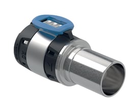 Geberit FlowFit overgang 32x28mm til Mapress i blank CrNiMo-stål med blå udløserknap.