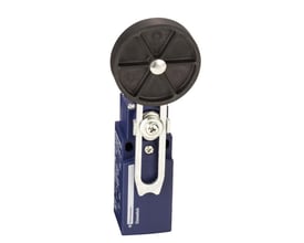 Schneider Electric plastic endestop, model ARM/Ø50NC+NCM/M, med et sort plastik hjul monteret på en blå krop med metalclips.