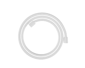 Hansgrohe håndbruserslange i hvid, 1,6 meter lang, med hvidt tekstilflet og hvide koblinger, rullet op i cirkelform på hvid baggrund.