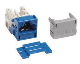 CommScope SYSTIMAX GigaSPEED X10D MGS600 uskærmet Cat.6a modular jack (RJ45) i blå og hvid, med 110 (IDC) klemmer og et gråt beskyttelsescover.