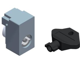 Schneider Electric lås til 5mm dobbelttap adapter, vist med tilhørende sort nøgle på hvid baggrund.