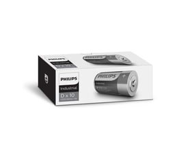 Pakke med 10 stk. Philips Industrial D LR20 alkaline batterier på hvid baggrund med et enkelt batteri vist på siden af pakken.