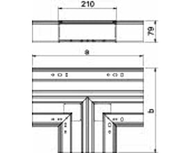 Tekniske tegninger af OBO Bettermann T-stykke WDK T80210RW, der viser mål for bredde 210 mm og højde 80 mm samt monteringsdetaljer.