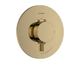 Hansgrohe Ecostat Comfort S termostatarmatur i poleret guld med centreret betjeningsgreb og tydelige markeringer for temperatur og eco-funktion.