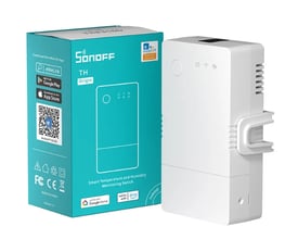 Hvid Sonoff THR316 smart temperatur- og fugtighedssensor med WiFi vises ved siden af den turkise æske.