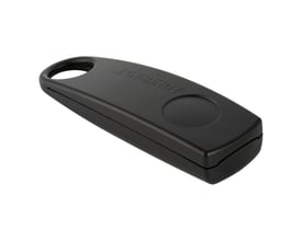 Geberit Clean-handy til urinalelektronik, sort håndholdt betjeningsenhed med rundt felt og åbning i enden.