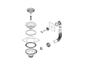 Eksploderet tegning af Skanitek kurveventil, der viser alle komponenter separat som et teknisk diagram.