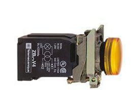 Schneider Electric komplet lampe med orange lys, 110-120VAC, BA9s sokkel og transformer, med krombelagt frontring.