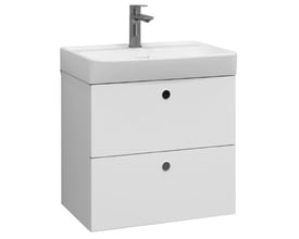 Svedbergs Intro underskab i hvid mat med to skuffer og integrerede greb. Skabet er 50x35 cm og har en blank krom vandhane monteret på den hvide porcelænsvask.